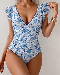 Deep V Ruffle Short-Sleeve Tummy-Controlling Printed One-Piece Swimsuit