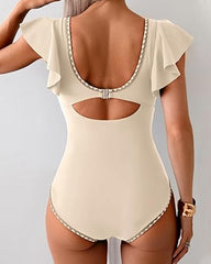 Deep V Ruffle Short-Sleeve Tummy-Controlling Printed One-Piece Swimsuit