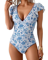 Deep V Ruffle Short-Sleeve Tummy-Controlling Printed One-Piece Swimsuit