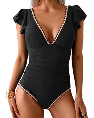 Deep V Ruffle Short-Sleeve Tummy-Controlling Printed One-Piece Swimsuit