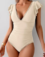 Deep V Ruffle Short-Sleeve Tummy-Controlling Printed One-Piece Swimsuit