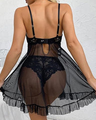 Women's Lace Sexy Ruffle Suspender Nightdress and Panty Set