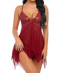 Women's Deep V Sexy Lace Mesh Irregular Hem Suspender Nightdress and Thong Set