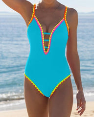 Women's Contrast Color Cross Strap Sexy Sleeveless Low Cut One-Piece Swimsuit