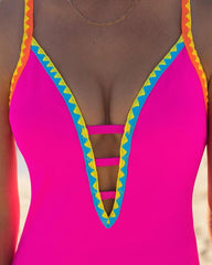 Women's Contrast Color Cross Strap Sexy Sleeveless Low Cut One-Piece Swimsuit