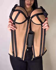 Sexy Bandeau Colorblock Removable Straps Shapewear Corset Top with Zipper