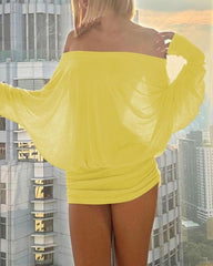 Women's Sexy Loose See-through Bat Sleeve Off-the-shoulder Long Sleeve Mini-Pleated Dress