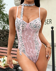 Sexy Leopard Lace Mesh Colorblocked Sling Low-cut Bodysuit