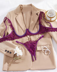 Women's Lace Sexy Underwire Spaghetti Straps Adjustable Bra and Open Crotch Design Thong Set