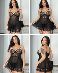 Sexy Deep V Neck Lace Mesh Suspender Nightdress with Garter Belt