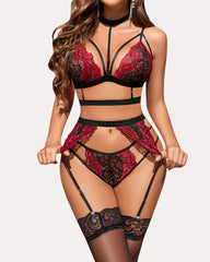 Sexy Lace Mesh Colorblock Suspender Bra and Garter Panty Set with Removable Choker