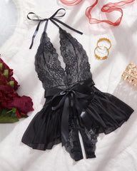 Women's Sexy Flower Lace Open Crotch Design Suspender Tight Backless Nightgown