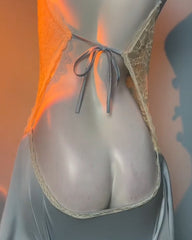 Women's V-Neck Lace Colorblock Ice Silk Bow Design Suspender Nightdress