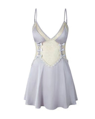 Women's V-Neck Lace Colorblock Ice Silk Bow Design Suspender Nightdress
