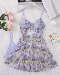 Women's Sexy Butterfly Embroidery Mesh Suspender Nightdress and Thong Set