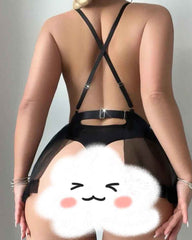 Sexy Deep V See-through Lace Mesh Backless Bodysuit and Fishnet Stockings Set