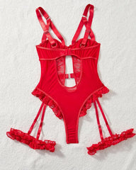 Sexy Lace Mesh Backless Ruffled Decoration Hollow Ring Buckle One-Piece Pajamas