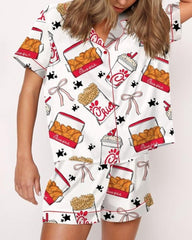 Women's Funny Fried Chicken Print Lapel Short Sleeve Shirt and Shorts Pajama Two-Piece Set