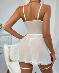 Sexy Lace Tie-Up Design See-Through Low-Cut Suspender Nightdress