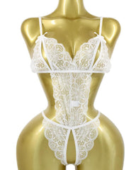 Women's Sexy Hollow Translucent Floral Lace Backless One-Piece Pajamas