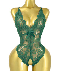 Deep V Sexy Translucent Floral Lace Cross-Back Open Crotch Design One-Piece Pajamas