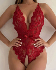 Deep V Sexy Translucent Floral Lace Cross-Back Open Crotch Design One-Piece Pajamas