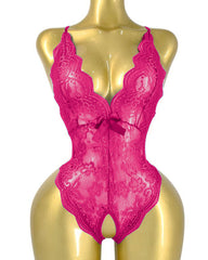 Deep V Sexy Translucent Floral Lace Cross-Back Open Crotch Design One-Piece Pajamas