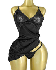 Women's Sexy Lace Satin V Neck Adjustable Straps Backless Nightdress with Thong