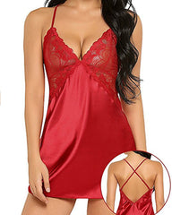 Women's Sexy Lace Satin V Neck Adjustable Straps Backless Nightdress with Thong