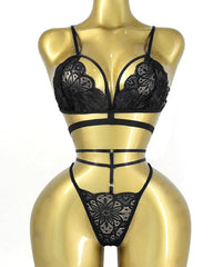 Women's Floral Lace Sexy Adjustable Strap Bra and Thong Set