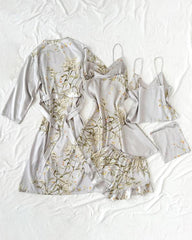 Women's Satin Printed Suspender Top Shorts Suspender Dress Nightgown Home Clothes Five-Piece Set