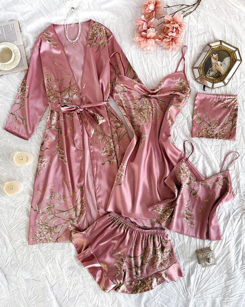 Women's Satin Printed Suspender Top Shorts Suspender Dress Nightgown Home Clothes Five-Piece Set