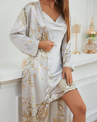 Women's Satin Printed Suspender Top Shorts Suspender Dress Nightgown Home Clothes Five-Piece Set