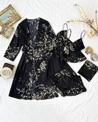 Women's Satin Printed Suspender Top Shorts Suspender Dress Nightgown Home Clothes Five-Piece Set