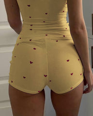 Women's Heart Pattern U Neck Tank Top and Casual Elastic Waist Shorts 2-Piece Set