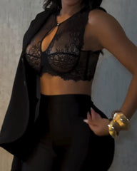 Black Sexy See-Through Lace Button Bra Top
