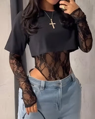 Casual Sexy Lace Bodysuit Fake Two Piece Round Neck T-shirt Top