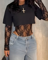 Casual Sexy Lace Bodysuit Fake Two Piece Round Neck T-shirt Top