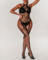 Sexy Halterneck Jacquard Lace Hollow See-Through Fishnet Stockings One-Piece Pajamas