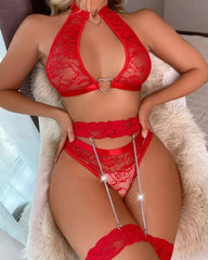 Sexy Lace With Diamond Chain and Heart-Shaped Decorative Buckle Pajama