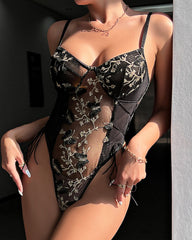 Women's Sexy Mesh Butterfly Embroidery Open Back Bodysuit