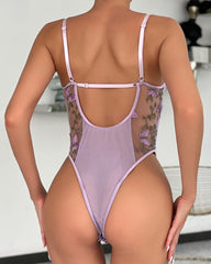 Women's Sexy Mesh Butterfly Embroidery Open Back Bodysuit