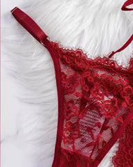 Sexy Bow Decorated Contrast Lace Suspender Nightdress Nightdress and Thong Set