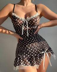 Sexy Polka Dot Lace Sheer Sling Nightdress and Thong Set