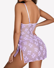 Sexy Floral Lace Mesh Side Slit Nightdress and Thong Set