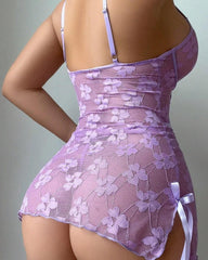 Sexy Floral Lace Mesh Side Slit Nightdress and Thong Set