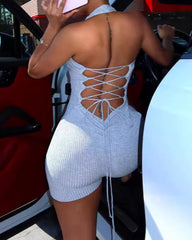 Sexy Deep V Knitted Solid Color Back Strap Hip-Lifting Jumpsuit