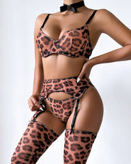 Sexy Leopard Push-Up Bra Underwear Thong Set With Stockings and Choker 6 Pieces Set