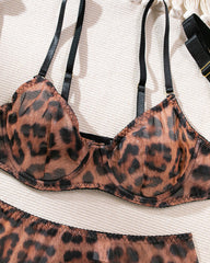 Sexy Leopard Push-Up Bra Underwear Thong Set With Stockings and Choker 6 Pieces Set