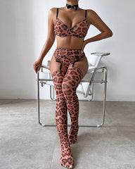 Sexy Leopard Push-Up Bra Underwear Thong Set With Stockings and Choker 6 Pieces Set